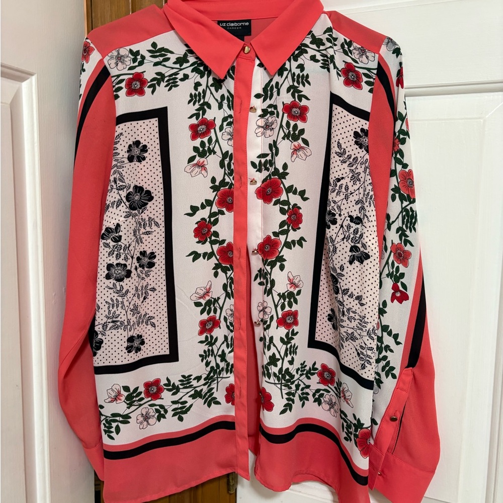 Liz Claiborne Coral and Black Floral Shirt
